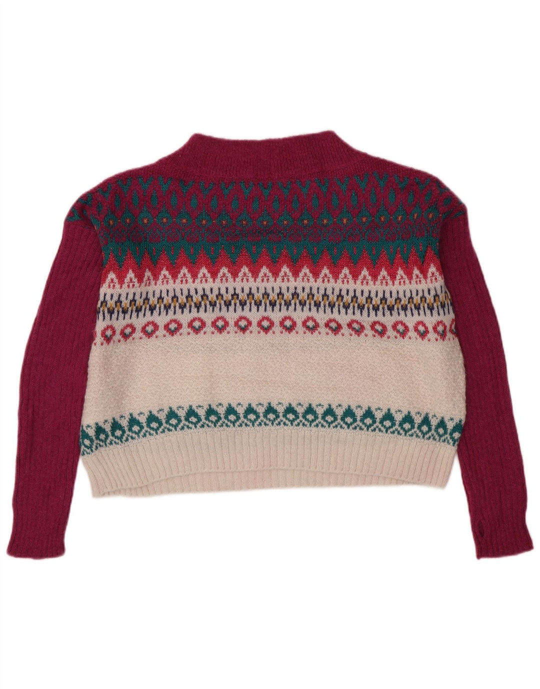 BENETTON Dame Crop Turtle Neck sweater UK 6 XS Burgundy Fair Isle