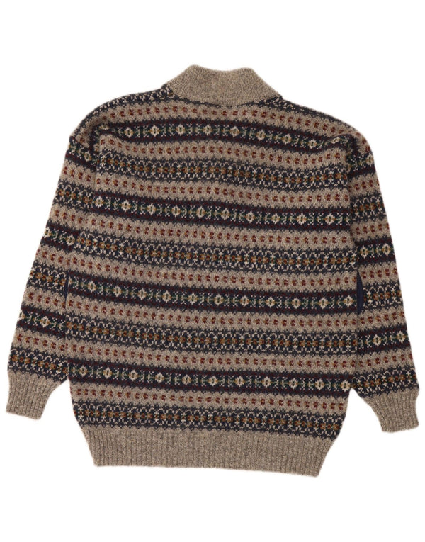 Highland Glen Herre Button Neck Jumper Sweater Medium Grey Fair Isle Wool