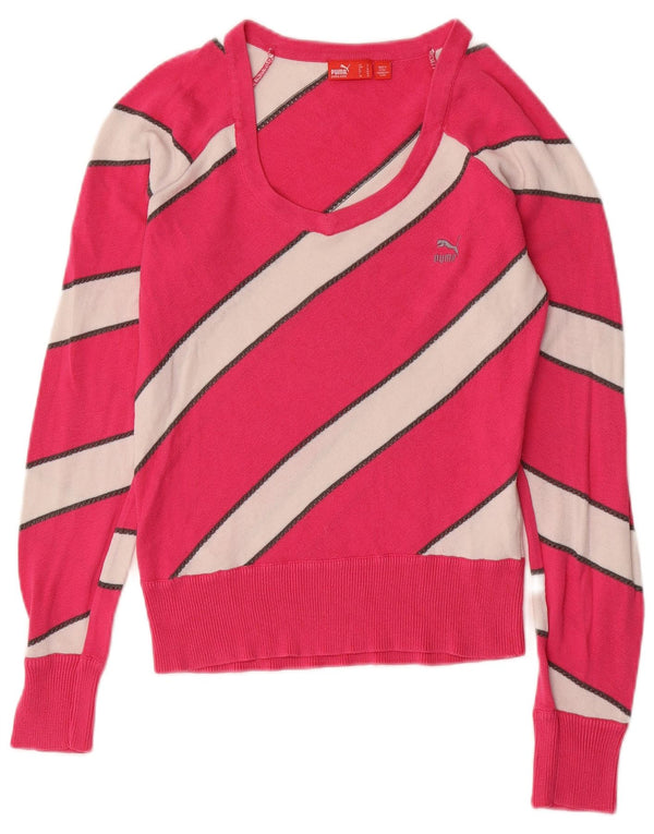 PUMA Dame Boat Neck Jumper Sweater UK 10 Small Pink Colourblock