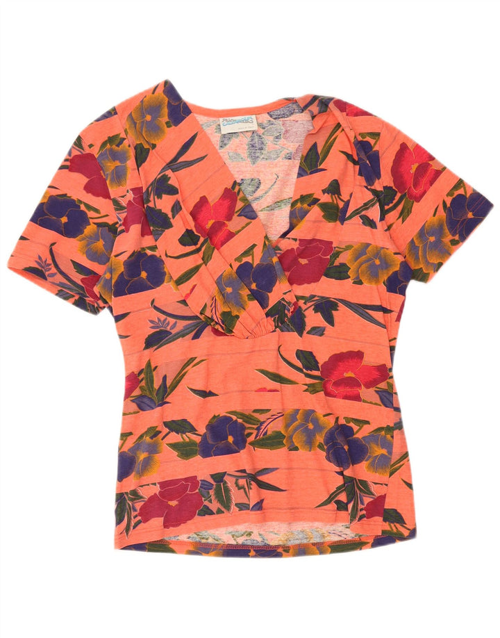 VINTAGE Damebluse Top UK 14 Medium Orange Blomsterbomuld
