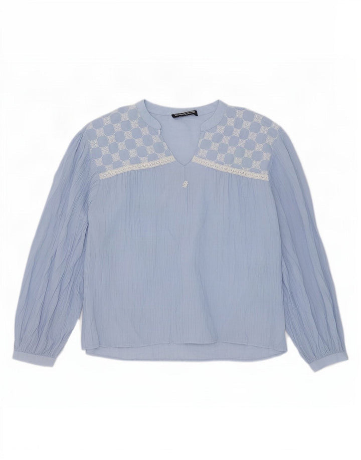 Zara Dame Langærmet Oversized Bluse Top UK 18 XL Blå Geometrisk