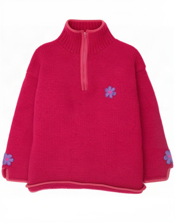 Pachamama Dame Hånd Strik Zip Neck Jumper Sweater UK 20 2XL Pink Floral