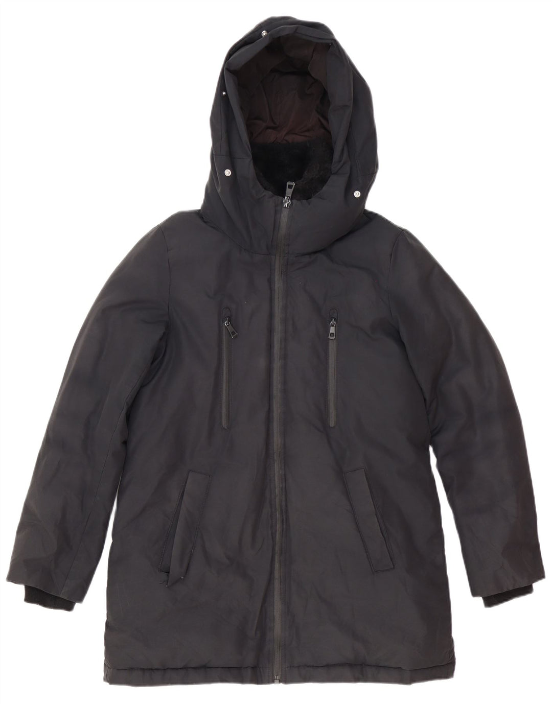 Zara Dame Hooded Parka Jacket UK 6 XS Sort Polyester