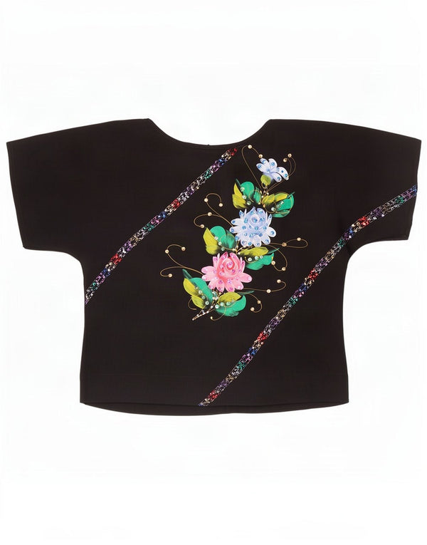 Vintage Dame Se Through Crop Bluse Top UK 14 Medium Black Floral