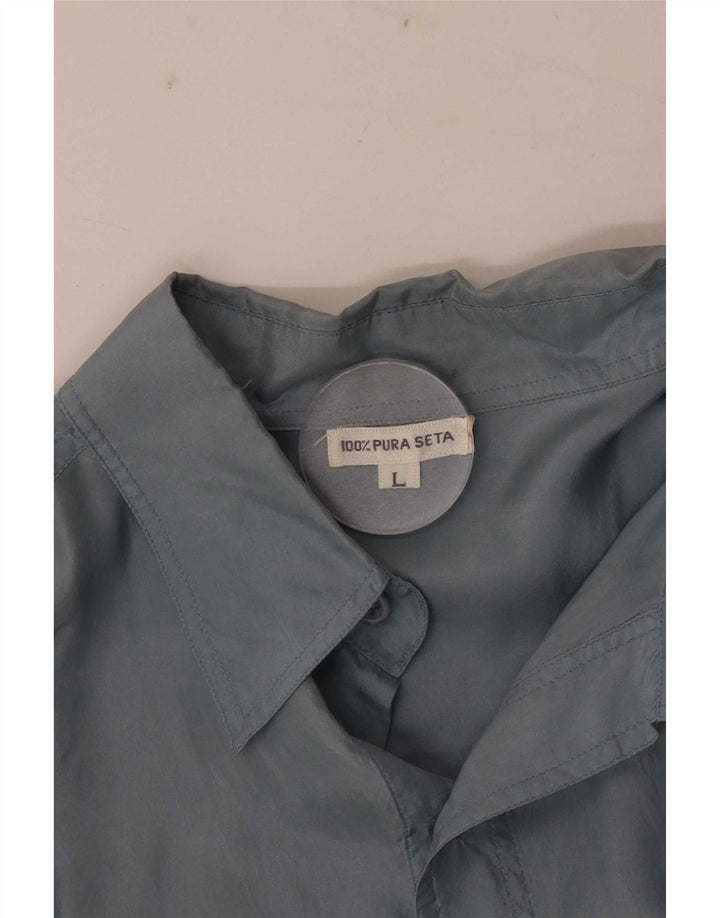 Vintage kortærmet herreskjorte stor blå silke