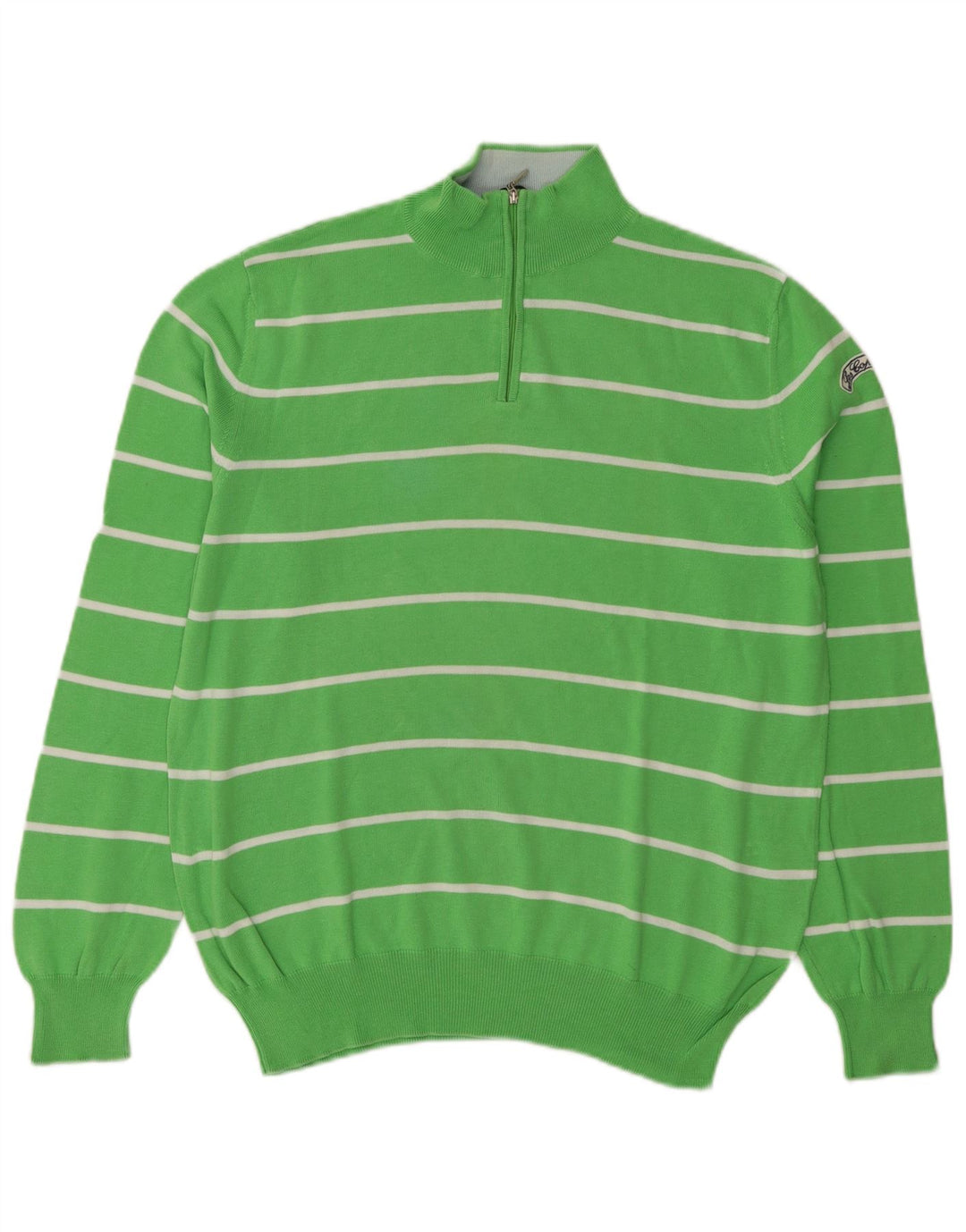 Les Copains Herre Zip Neck Jumper Sweater IT 48 Medium Grøn Stribet Bomuld