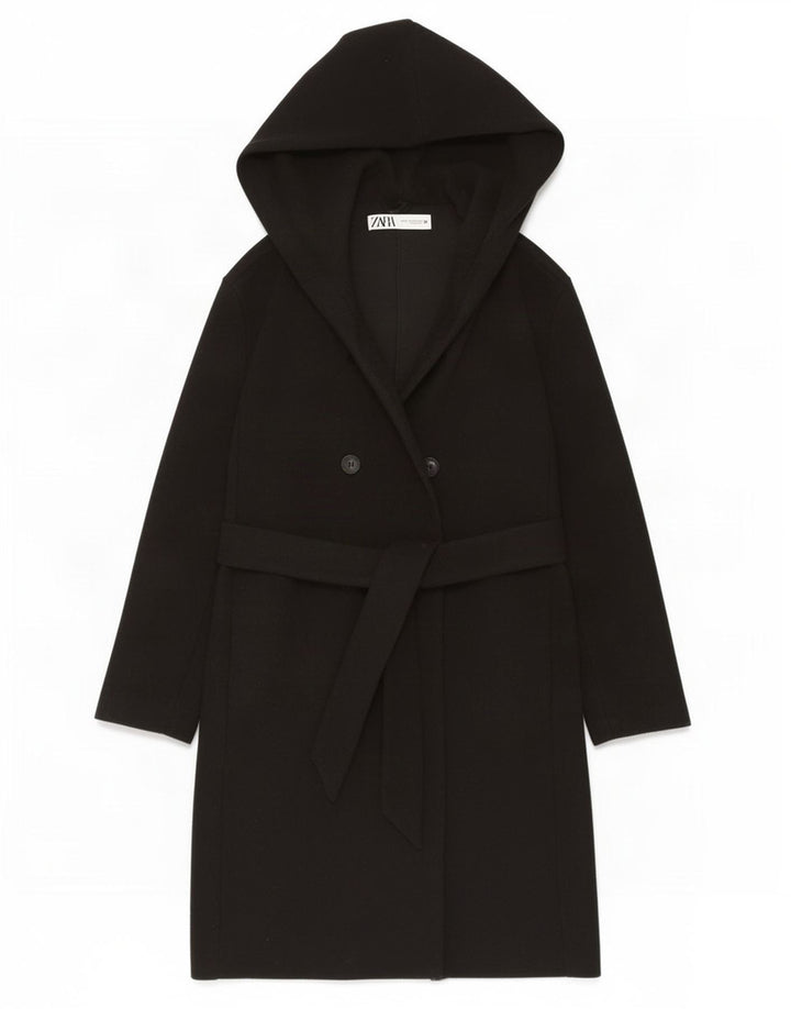 Zara Dame Hætte Oversized Dobbeltradet Frakke UK 6 XS Sort Polyester