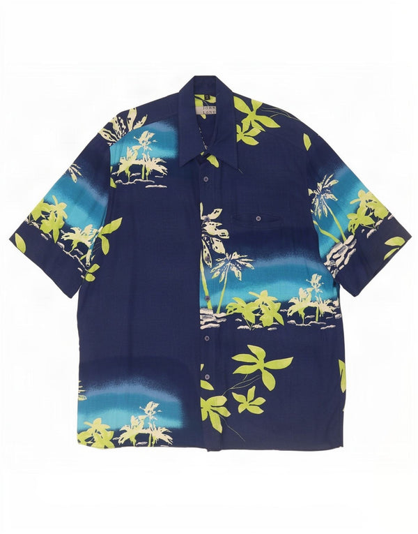 Vintage kortærmet herreskjorte str. 42 Large Navy Blue Floral Hawaiian