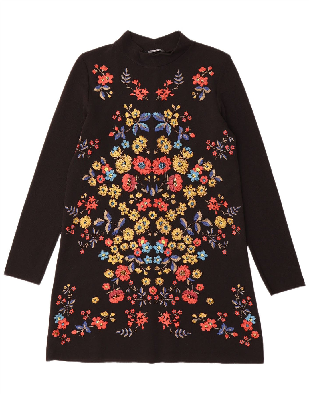 Zara Dame Langærmet Shift Dress UK 10 Small Black Floral Polyester