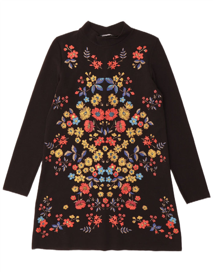 Zara Dame Langærmet Shift Dress UK 10 Small Black Floral Polyester