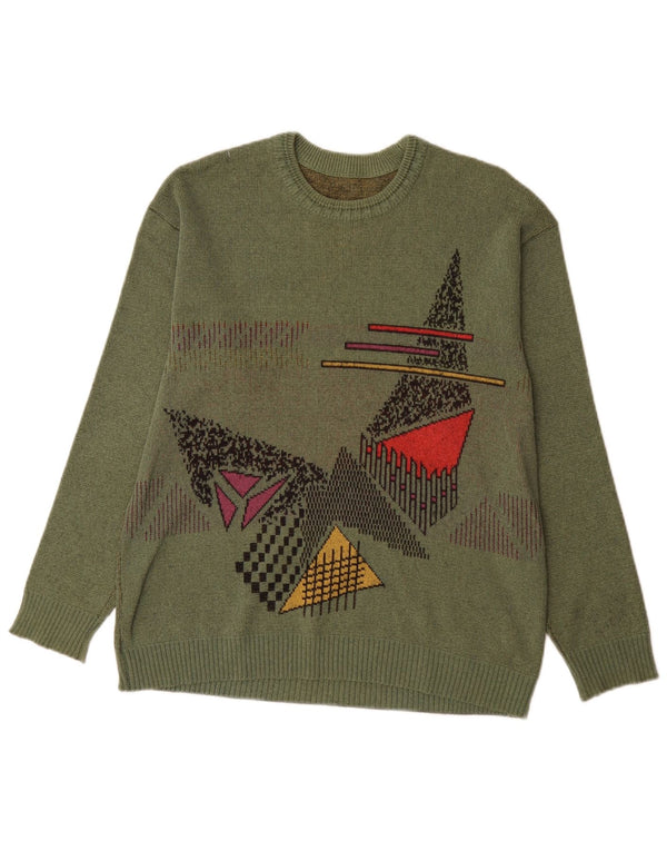 Vintage Herre grafisk rund hals sweater Medium Khaki Geometrisk