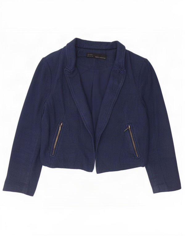 Zara Womens Crop Open Blazer Jacket UK 14 Large Navy Blue Cotton