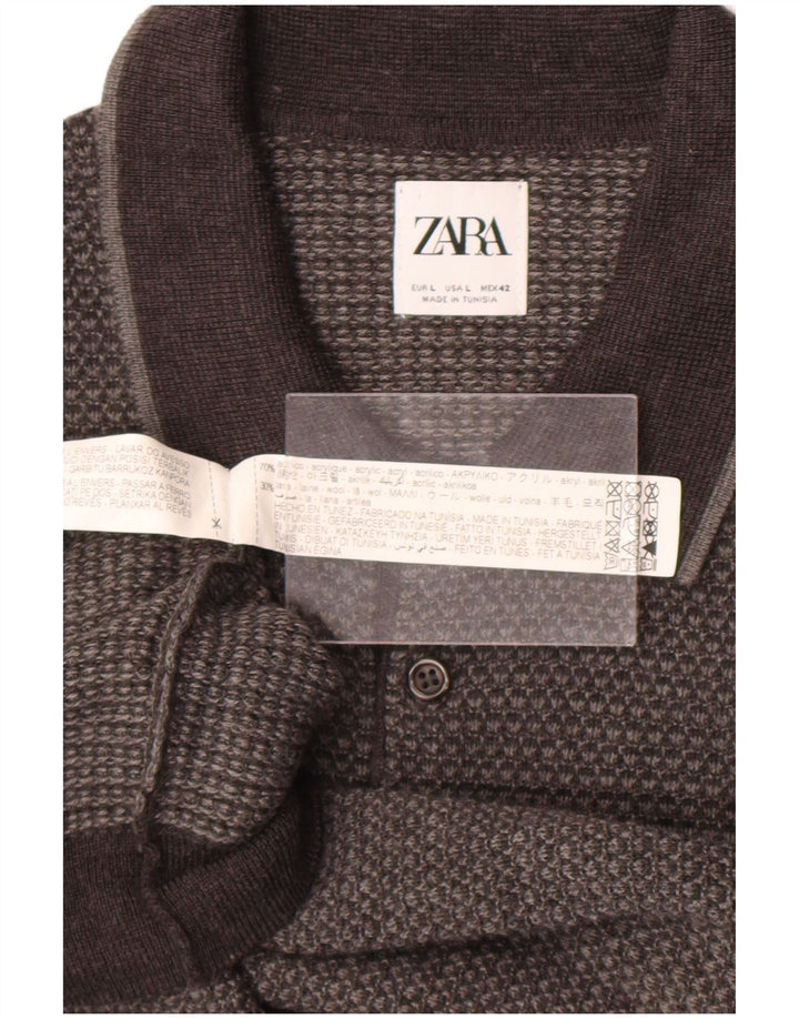 Zara Herre Polo Neck Jumper Sweater Stor Grå Akryl