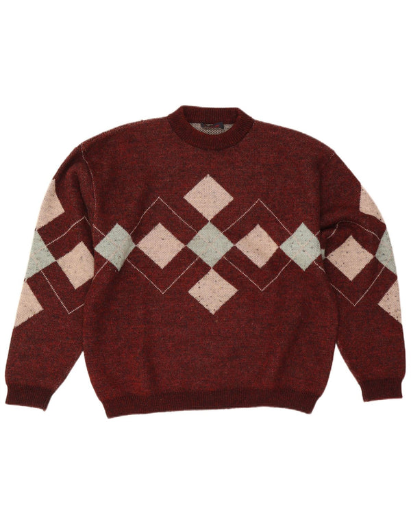 Vintage Herre Crew Neck Jumper Sweater Large Burgundy Argyle/Diamond