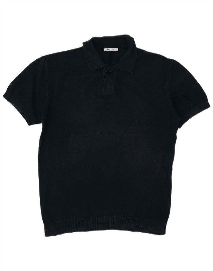 Zara Herre Kortærmet Polo Neck Jumper Sweater Medium Navy Blue