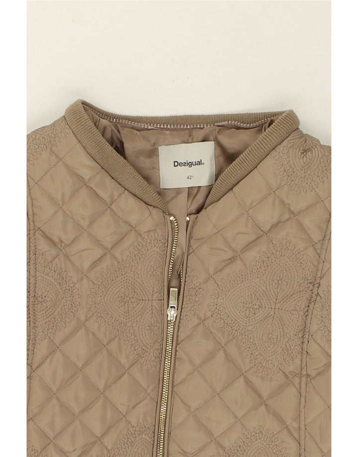 DESIGUAL Womens Abstract Pattern Quilted Padded Jacket EU 42 Large Beige Vintage Desigual and Second-Hand Desigual from Messina Hembry 