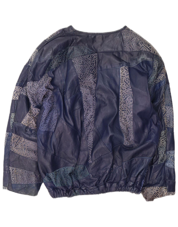 Vintage Dame Pullover Læderjakke UK 16 Large Navy Blue Patchwork
