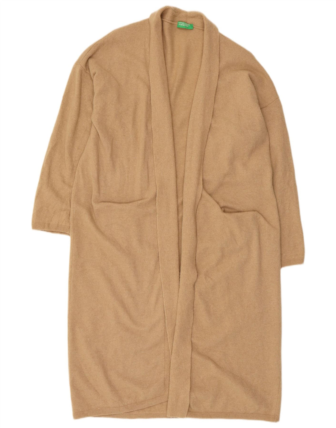 Benetton Dame Longline Åben Cardigan Sweater UK 16 Stor Beige Uld