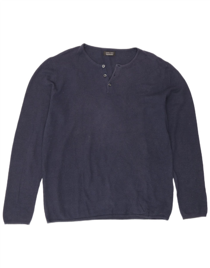 Zara Herre Button Neck Jumper Sweater XL Navy Blue