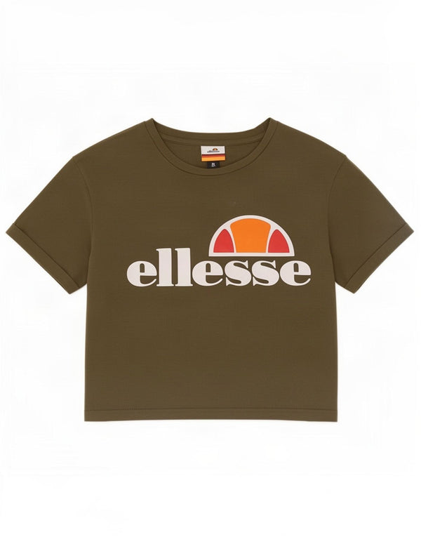 Ellesse Womens Crop Grafisk T-Shirt Top UK 8 Small Khaki Colourblock Bomuld