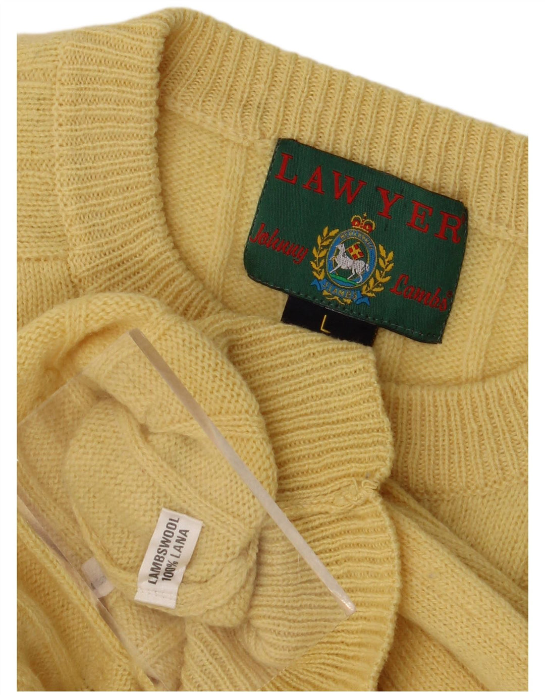 Vintage herre sweater med rund hals, stor gul lammeuld