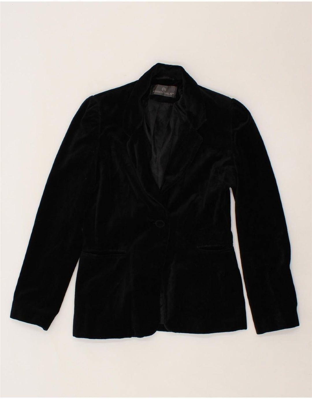 ESSENTIALS Womens 1 Button Blazer Jacket UK 12 Medium  Black Cotton Vintage Essentials and Second-Hand Essentials from Messina Hembry 