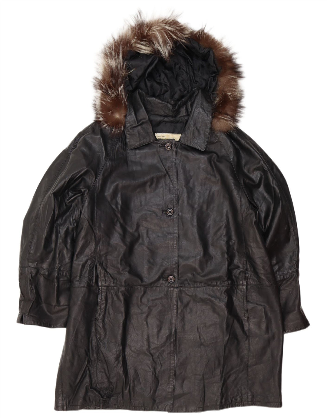 Vintage dame hætte oversize læder frakke IT 48 XL sort læder