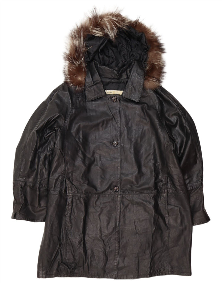 Vintage dame hætte oversize læder frakke IT 48 XL sort læder