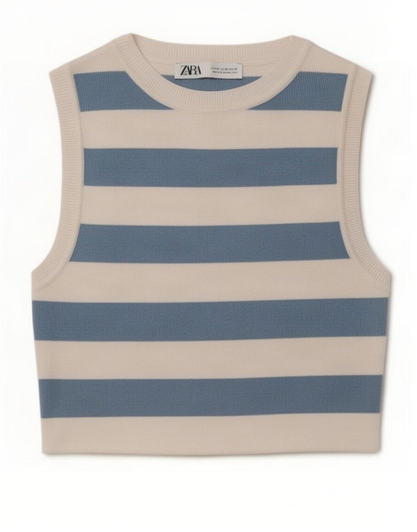 Zara Womens Crop Vest Top UK 12 Mellem blå stribet