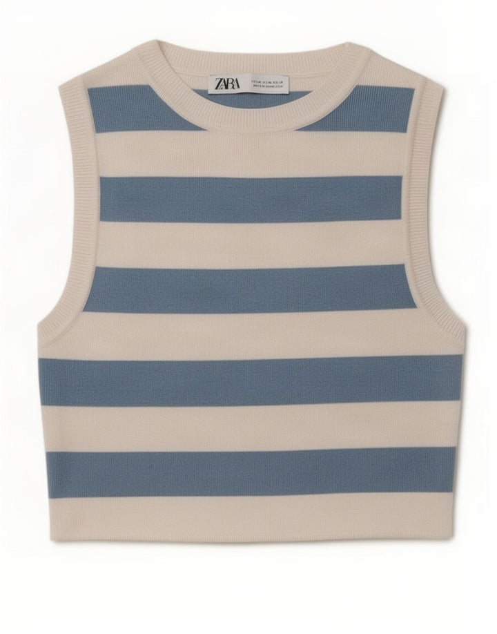 Zara Womens Crop Vest Top UK 12 Mellem blå stribet