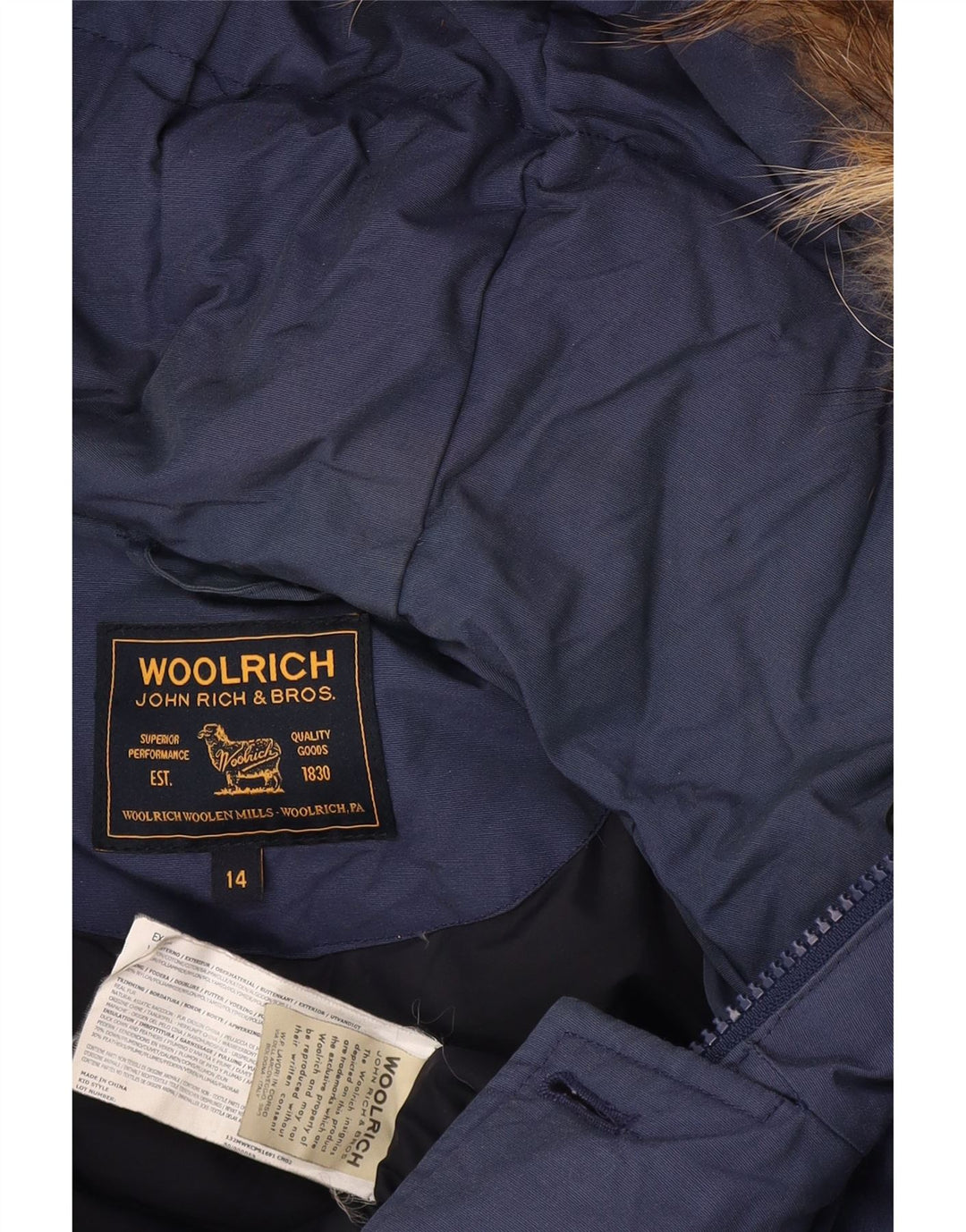 Woolrich drenge hætte polstret frakke 13-14 år blå bomuld