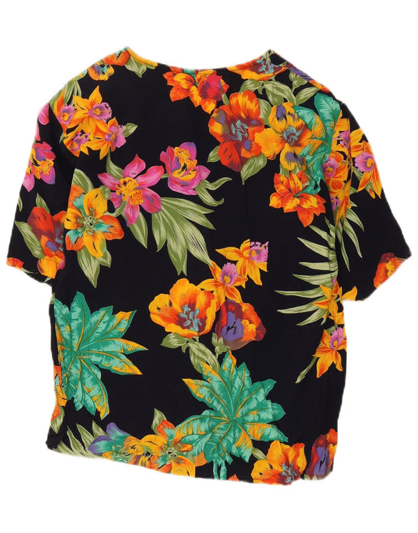 Vintage kvinders kortærmet skjortebluse UK 12 Medium Black Floral