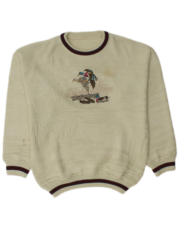 Vintage herre grafisk sweater med rund hals DK 46/48 2XL beige akryl