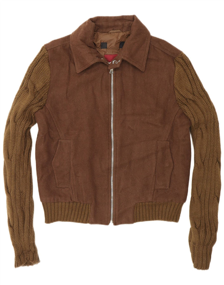 Zara Herre Strik Bomber Jacket UK 40 Stor Brun Colourblock Uld