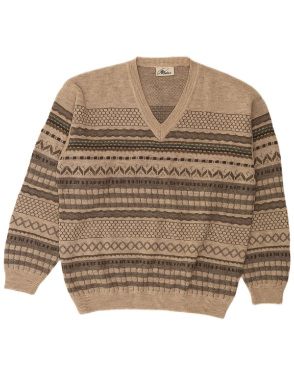 Rodes Herre V-hals sweater Medium Beige Stribet Uld