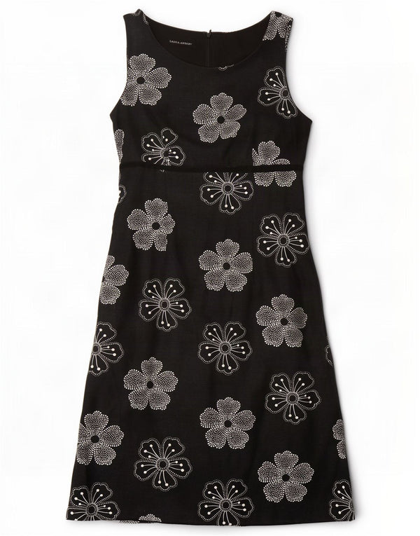 Laura Ashley Dame Ærmeløs A-Line Kjole UK 8 Small Black Floral Linen