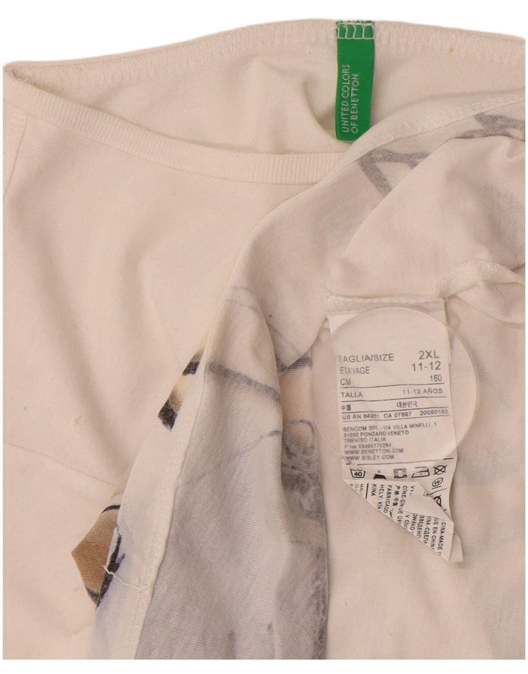 BENETTON Piger Grafisk T-Shirt Top 11-12 År 2XL Hvid Bomuld