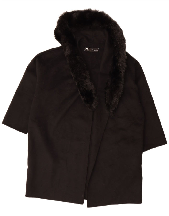 Zara Dame Oversized Hætte Åben Overfrakke UK 18 XL Sort Uld