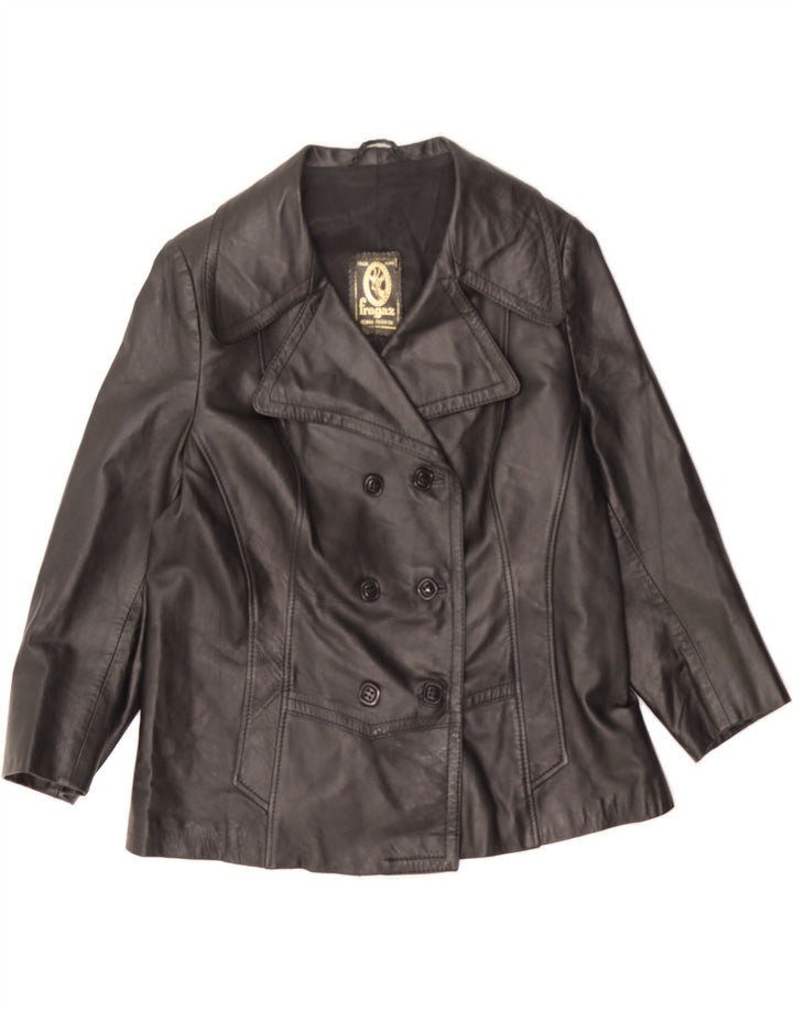 VINTAGE Womens Double Breasted Leather Jacket UK 14 Large Black Leather Vintage Vintage and Second-Hand Vintage from Messina Hembry 