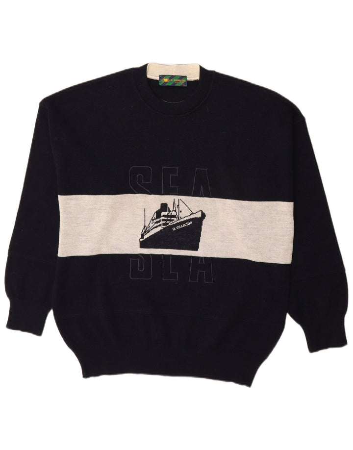 Il Granchio Herre Crew Neck Jumper Sweater Large Navy Blue Colourblock
