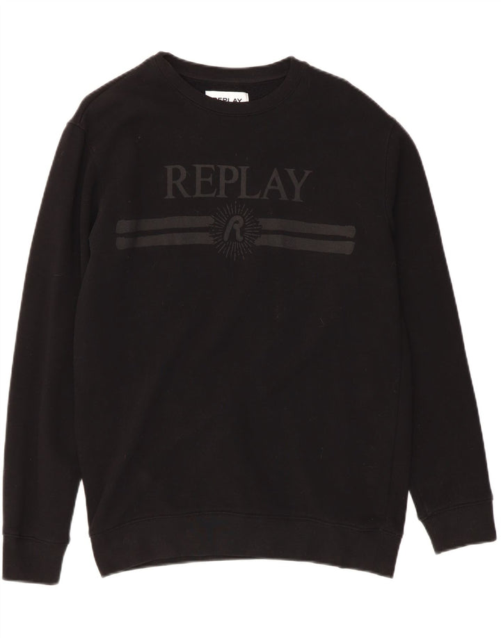 REPLAY Mens Graphic Sweatshirt Jumper Medium Black Vintage Replay and Second-Hand Replay from Messina Hembry 