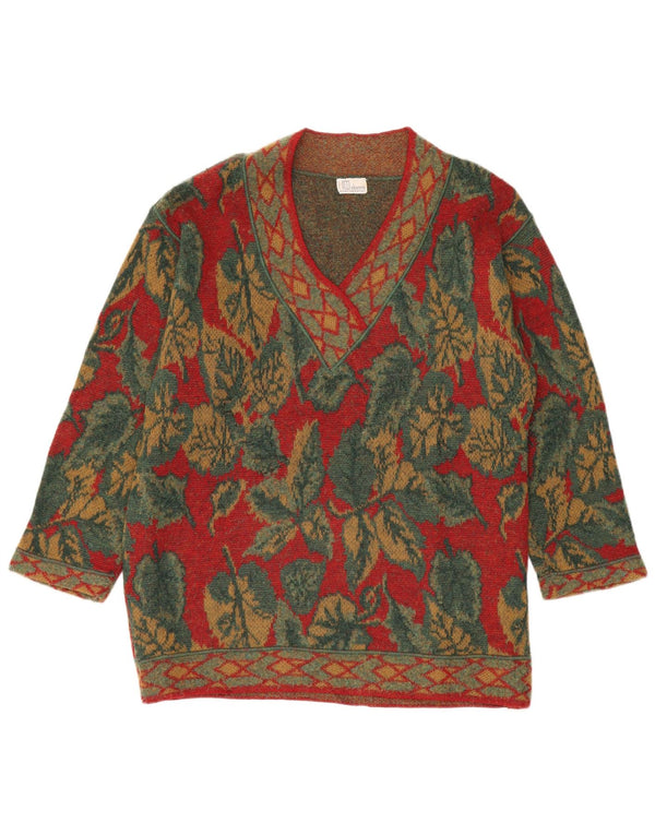 Vintage Dame V-hals sweater IT 50 XL Rød Blomsteruld
