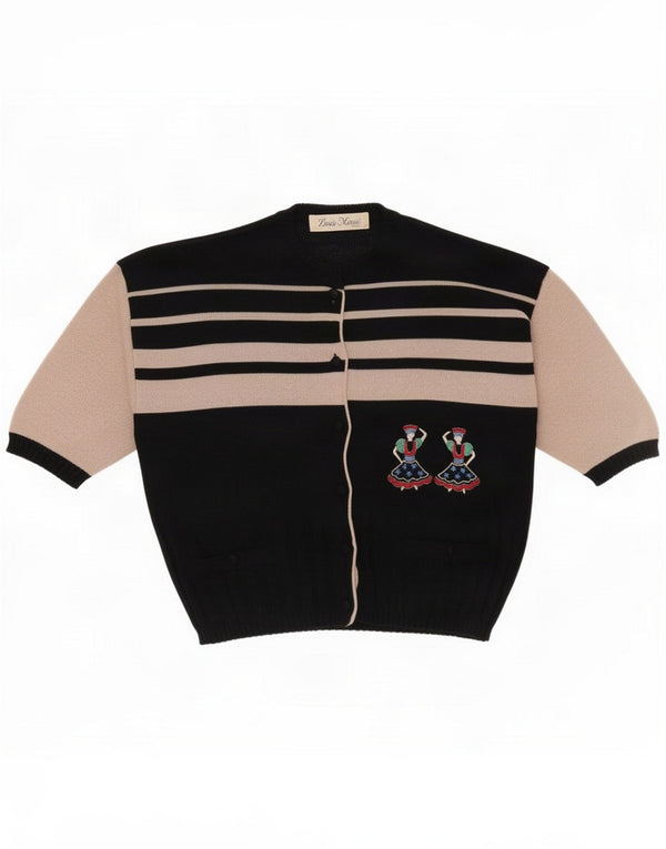 Vintage kortærmet cardigan sweater til kvinder UK 14 Mellem sort stribet