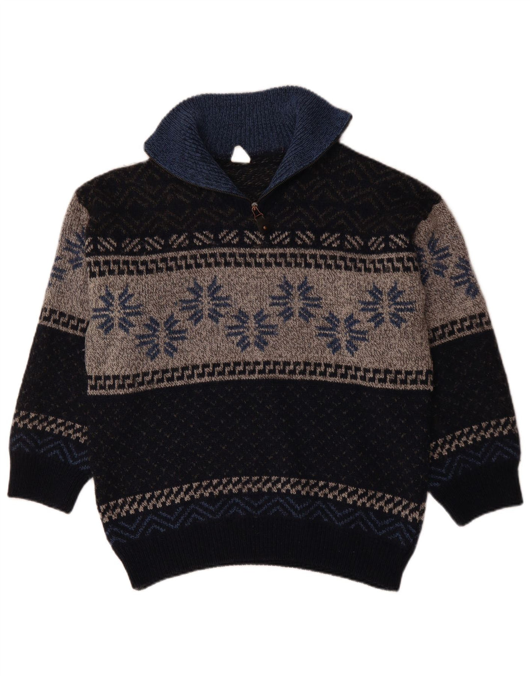 VINTAGE trøje med lynlås til kvinder UK 18 XL Navy Blue Fair Isle