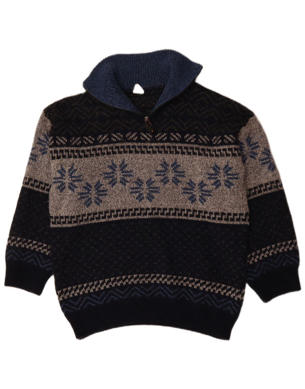 VINTAGE trøje med lynlås til kvinder UK 18 XL Navy Blue Fair Isle