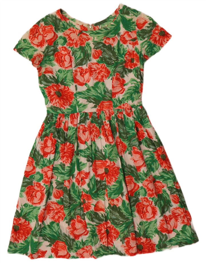 VINTAGE Dame A-Line Kjole UK 12 Medium Green Floral
