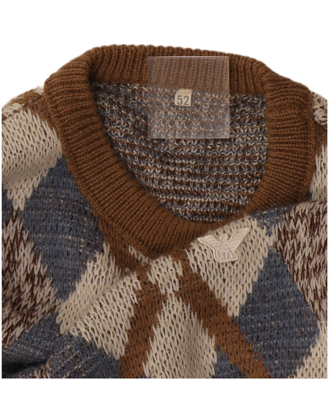 Vintage Herre Crew Neck Jumper Sweater IT 52 Large Brown Argyle/Diamond