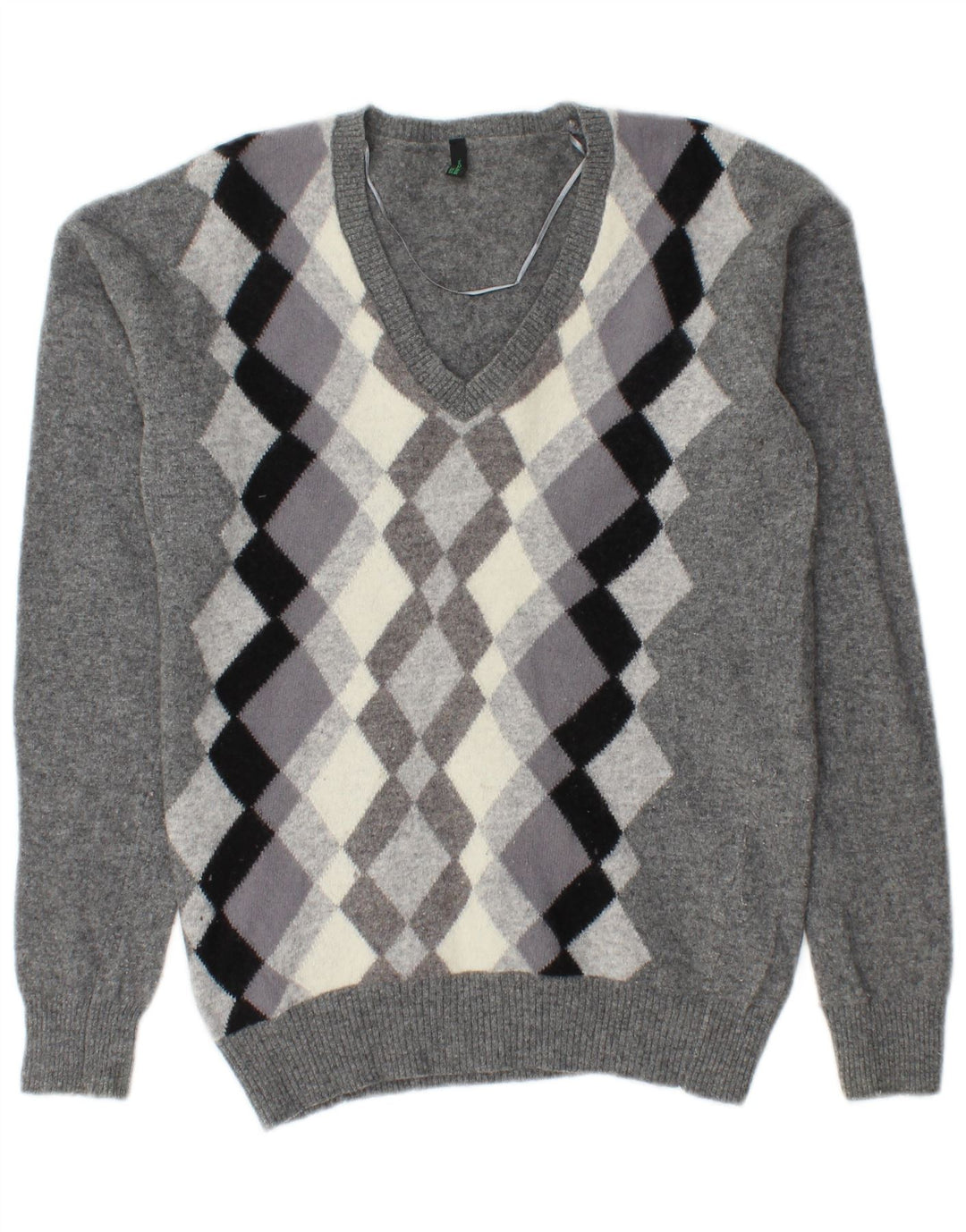 BENETTON Dame V-hals sweater UK 10 Small Grey Argyle/Diamond Wool