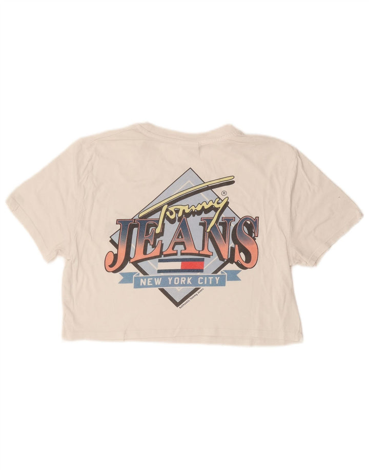 TOMMY HILFIGER Dame Crop Grafisk T-Shirt Top UK 10 Small White