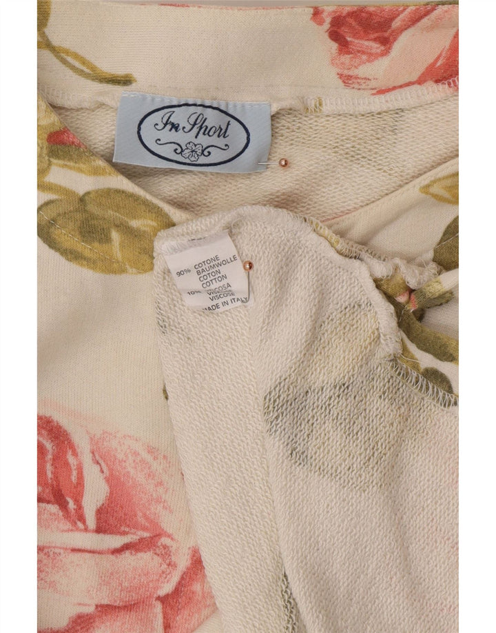 VINTAGE Dame Top Langærmet UK 16 Large Off White Blomsterbomuld